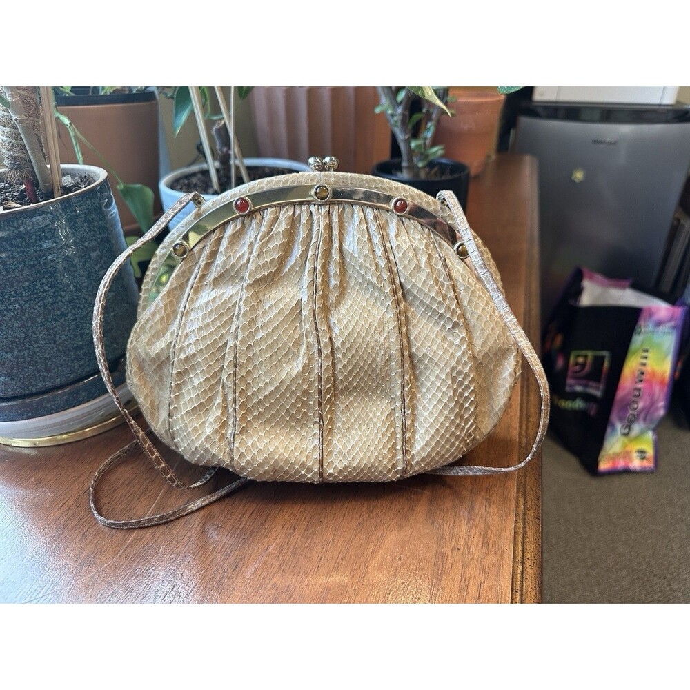 Vintage Judith Leiber Tan Snakeskin Convertible Clutch to Shoulder Bag